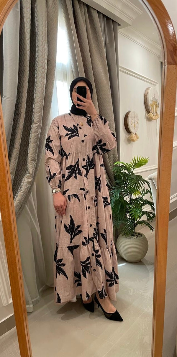 ✨ Beige Maxi Dress with Black Leaf Prints