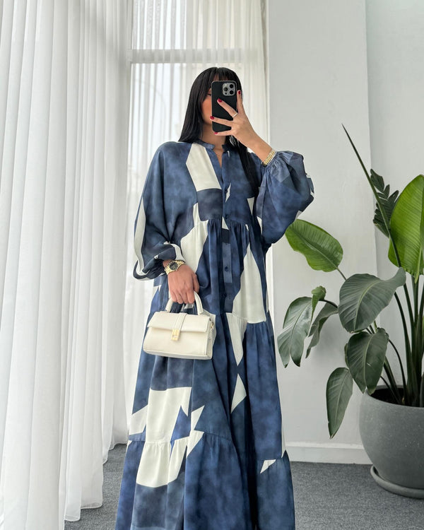 Blue Soft Printed Hijabi Dress